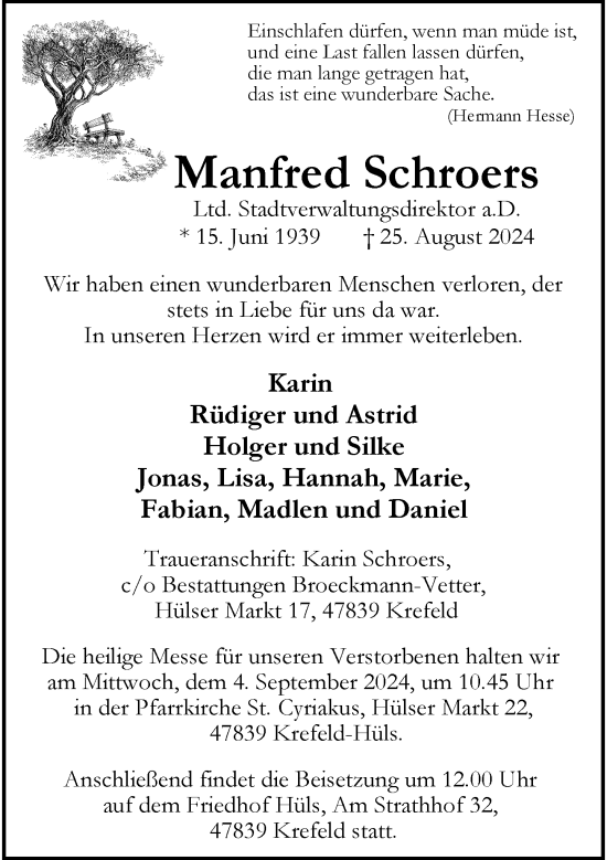 Traueranzeige von Manfred Schroers von Rheinische Post