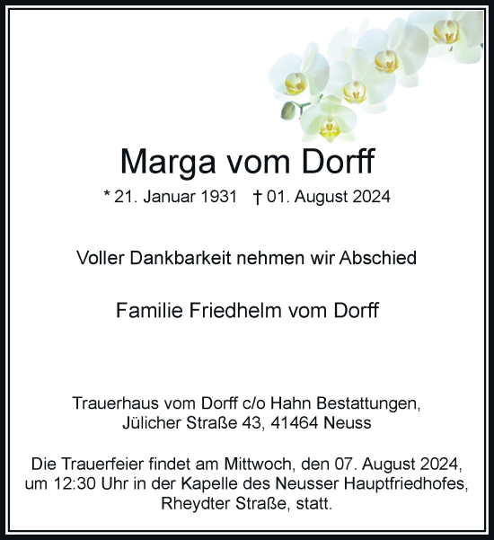 Traueranzeige von Marga vom Dorff von Rheinische Post