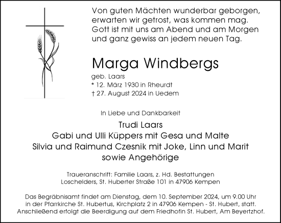 Traueranzeige von Marga Windbergs von Rheinische Post