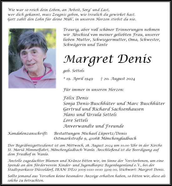 Traueranzeige von Margret Denis von Rheinische Post