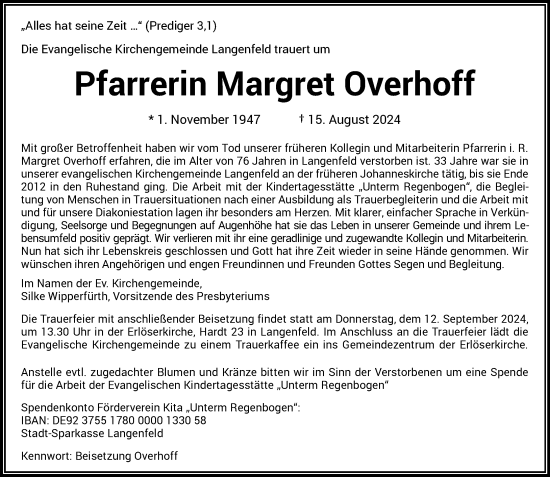 Traueranzeige von Margret Overhoff von Rheinische Post