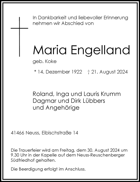 Traueranzeige von Maria Engelland von Rheinische Post