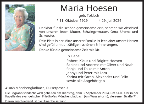 Traueranzeige von Maria Hoesen von Rheinische Post