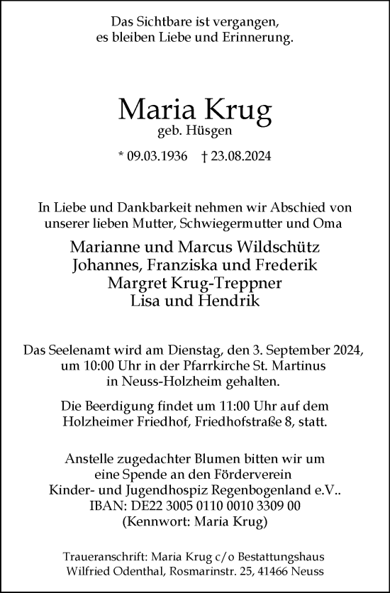 Traueranzeige von Maria Krug von Rheinische Post