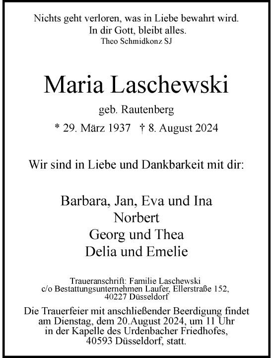 Traueranzeige von Maria Laschewski von Rheinische Post