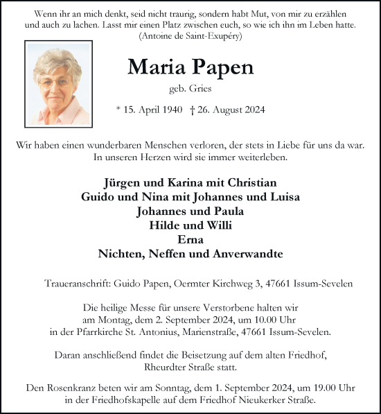 Traueranzeige von Maria Papen von Rheinische Post