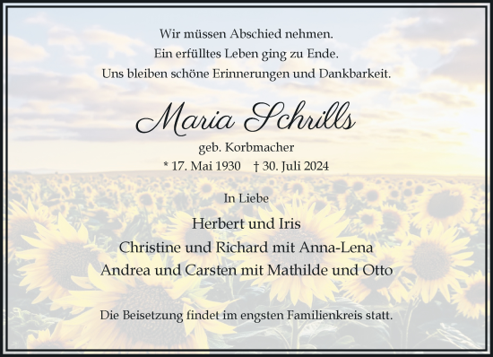 Traueranzeige von Maria Schrills von Rheinische Post