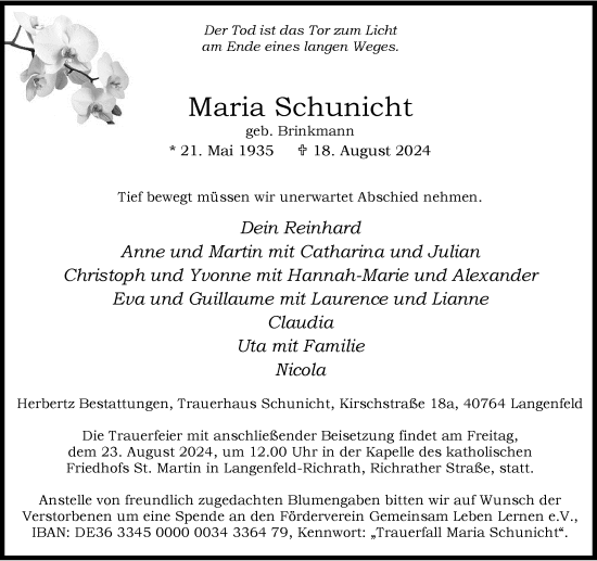 Traueranzeige von Maria Schunicht von Rheinische Post