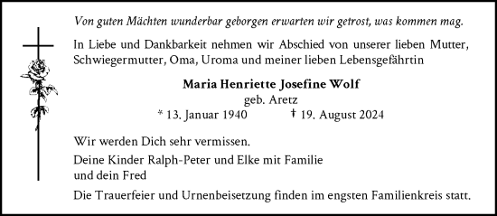 Traueranzeige von Maria Henriette Josefine Wolf von Rheinische Post