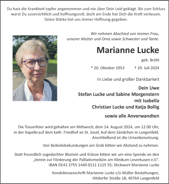 Traueranzeige von Marianne Lucke von Rheinische Post