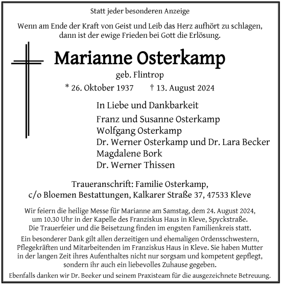 Traueranzeige von Marianne Osterkamp von Rheinische Post