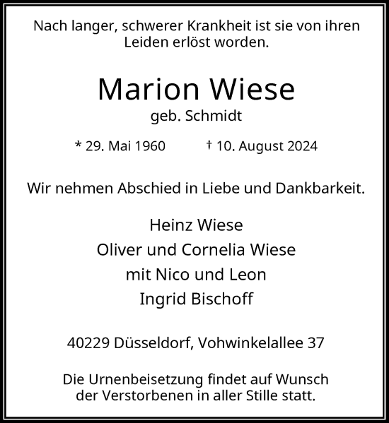 Traueranzeige von Marion Wiese von Rheinische Post