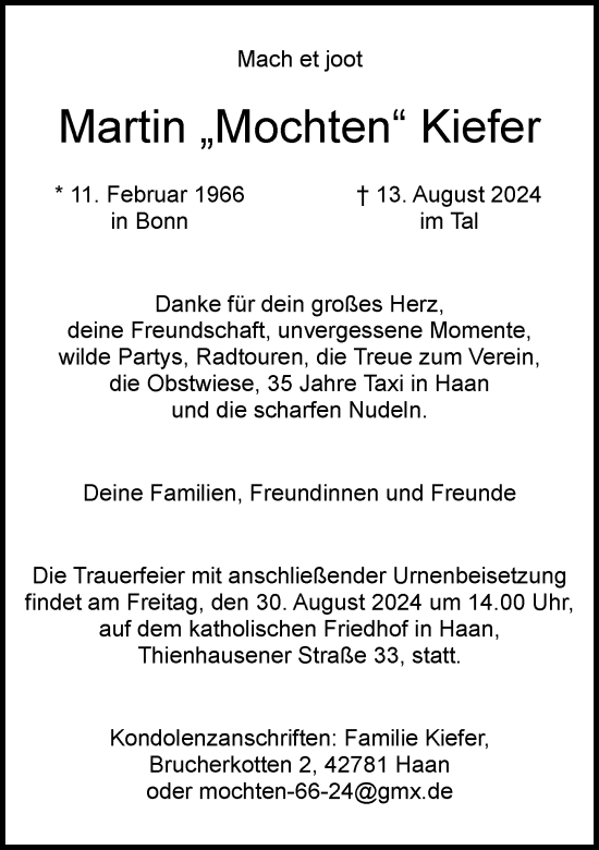 Traueranzeige von Martin Kiefer von Rheinische Post