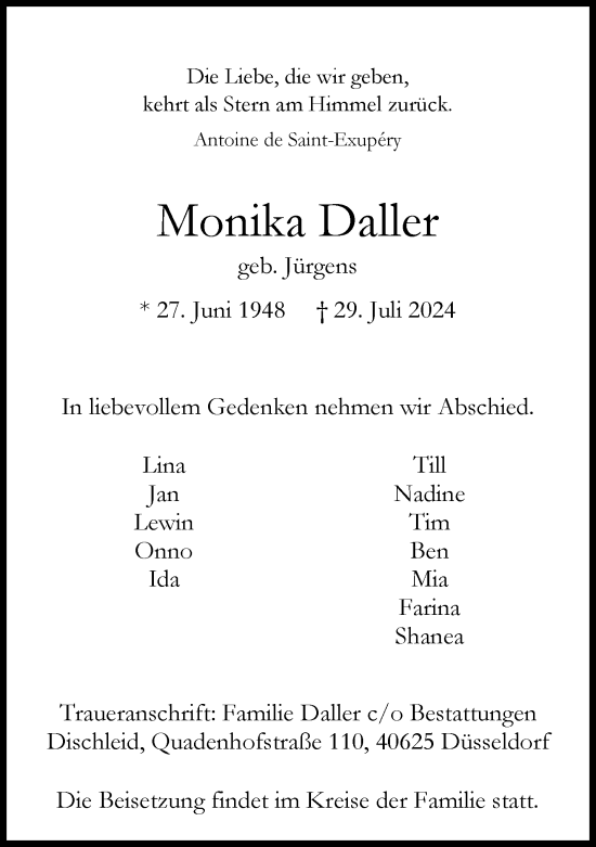 Traueranzeige von Monika Daller von Rheinische Post