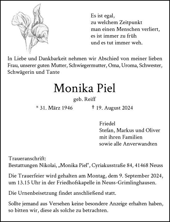 Traueranzeige von Monika Piel von Rheinische Post