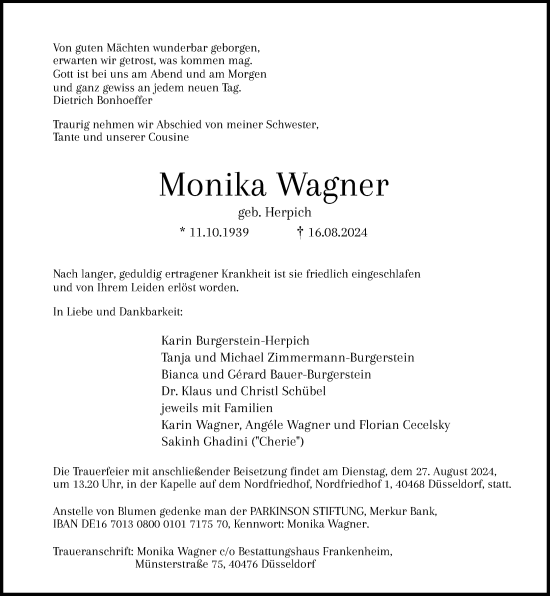 Traueranzeige von Monika Wagner von Rheinische Post