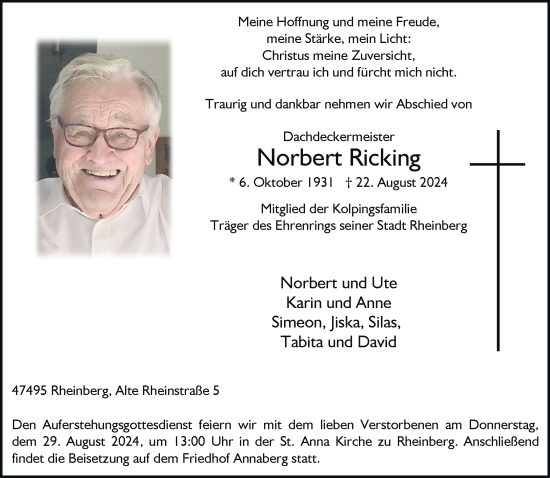 Traueranzeige von Norbert Ricking von Rheinische Post