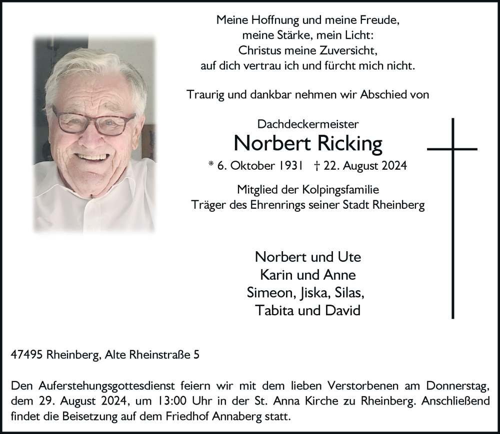  Traueranzeige für Norbert Ricking vom 24.08.2024 aus Rheinische Post