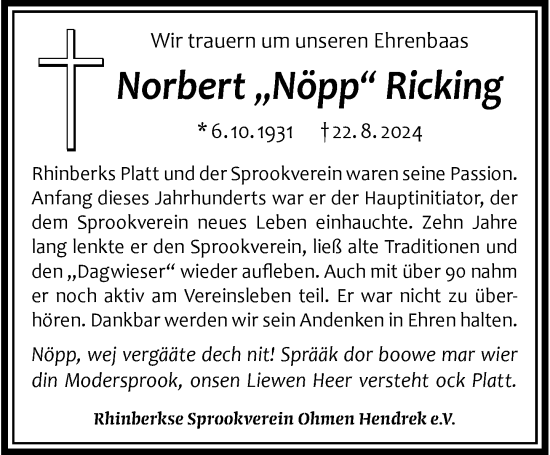 Traueranzeige von Norbert Ricking von Rheinische Post