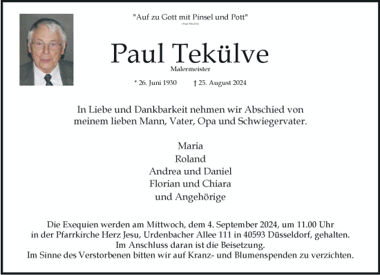 Traueranzeige von Paul Tekülve von Rheinische Post