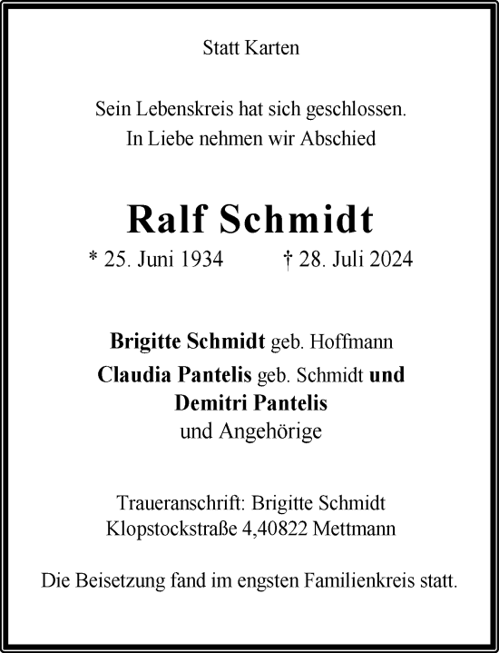 Traueranzeige von Ralf Schmidt von Rheinische Post