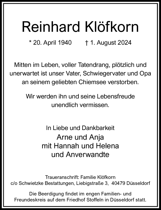 Traueranzeige von Reinhard Klöfkorn von Rheinische Post