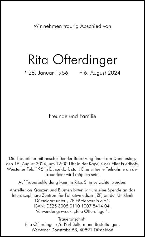 Traueranzeige von Rita Ofterdinger von Rheinische Post