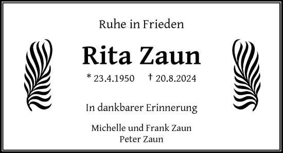 Traueranzeige von Rita Zaun von Rheinische Post