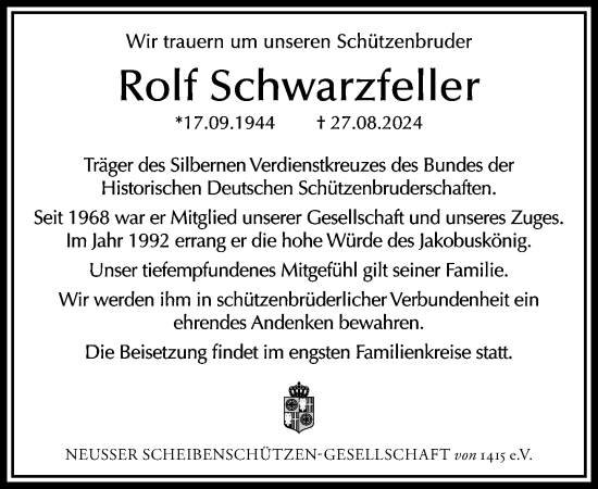 Traueranzeige von Rolf Schwarzfeller von Rheinische Post