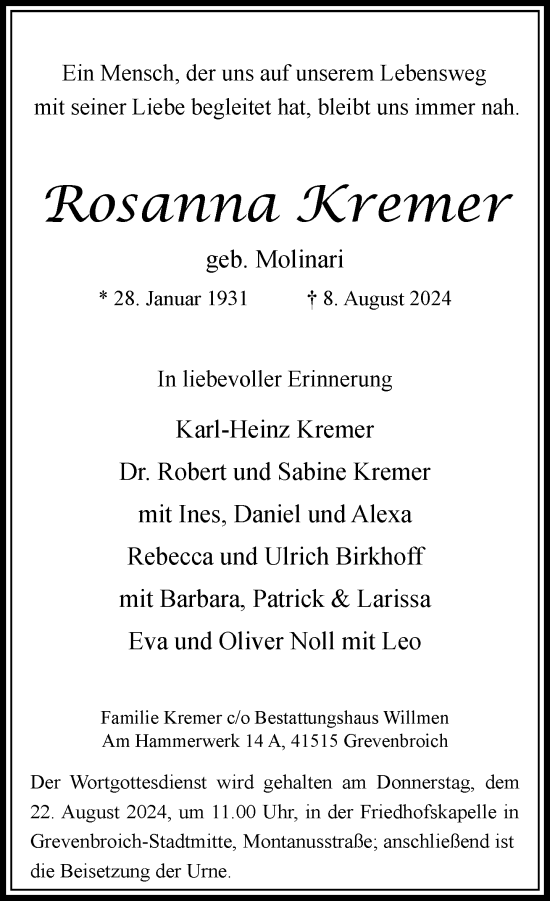 Traueranzeige von Rosanna Kremer von Rheinische Post