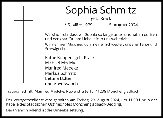 Traueranzeige von Sophia Schmitz von Rheinische Post