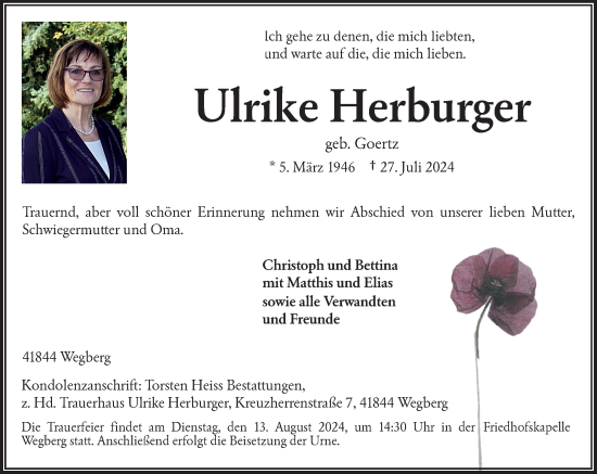 Traueranzeige von Ulrike Herburger von Rheinische Post