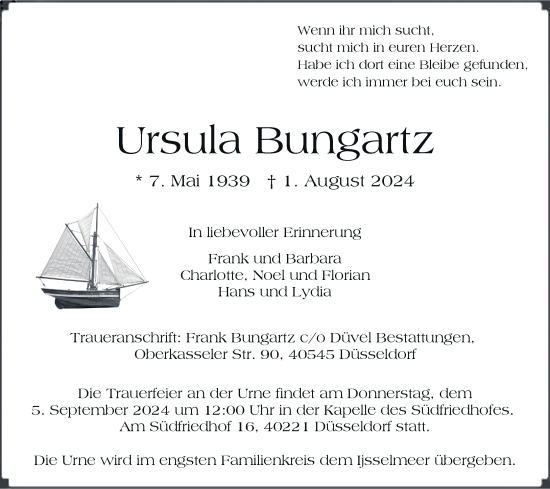 Traueranzeige von Ursula Bungartz von Rheinische Post