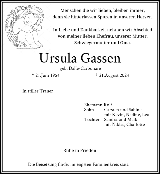 Traueranzeige von Ursula Gassen von Rheinische Post