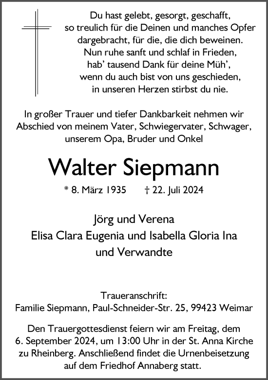 Traueranzeige von Walter Siepmann von Rheinische Post