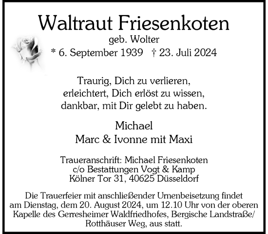 Traueranzeige von Waltraut Friesenkoten von Rheinische Post