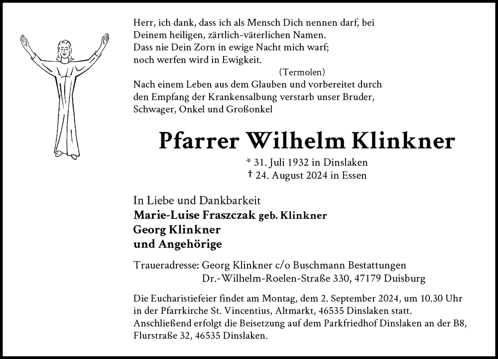  Traueranzeige für Wilhelm Klinkner vom 29.08.2024 aus Rheinische Post