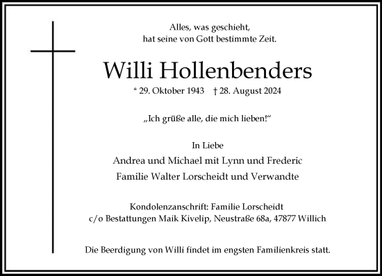 Traueranzeige von Willi Hollenbenders von Rheinische Post