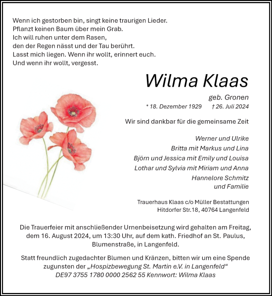 Traueranzeige von Wilma Klaas von Rheinische Post