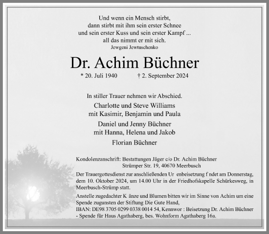 Todesanzeige von Achim Büchner von Rheinische Post