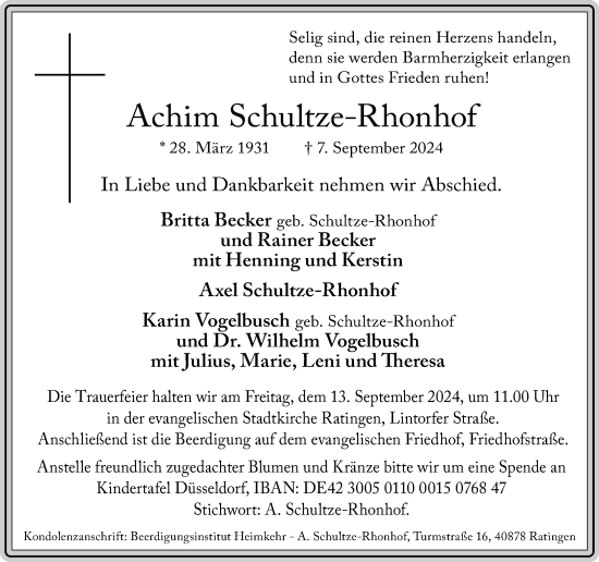 Traueranzeige von Achim Schultze-Rhonhof von Rheinische Post