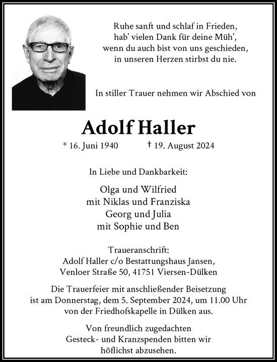 Traueranzeige von Adolf Haller von Rheinische Post