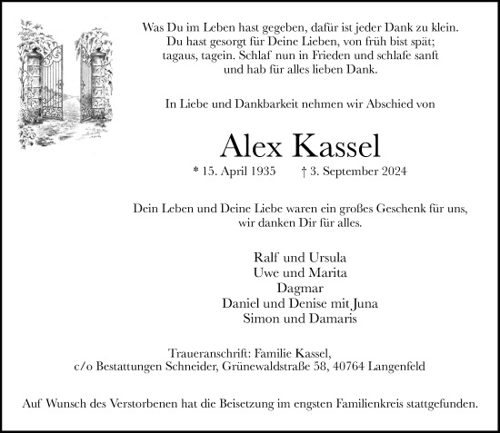 Traueranzeige von Alex Kassel von Rheinische Post