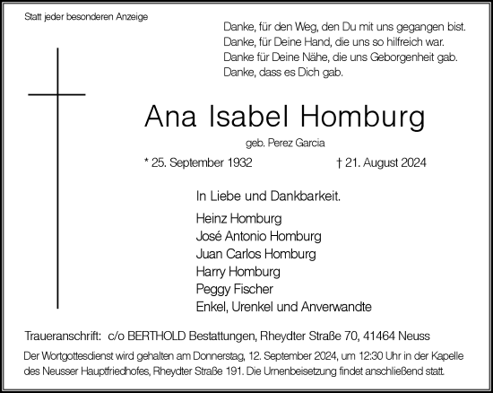 Traueranzeige von Ana Isabel Homburg von Rheinische Post