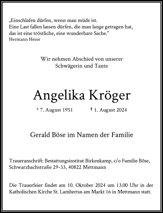 Traueranzeige von Angelika Kröger von Rheinische Post