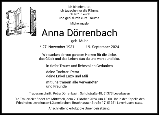 Traueranzeige von Anna Dörrenbach von Rheinische Post