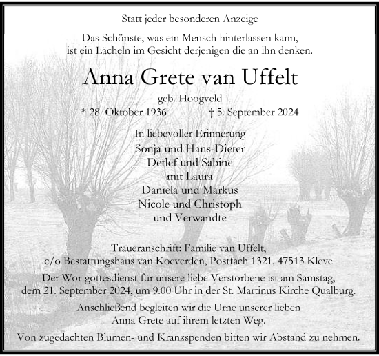 Traueranzeige von Anna Grete van Uffelt von Rheinische Post