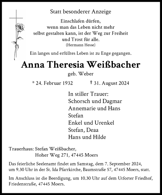 Traueranzeige von Anna Theresia Weißbacher von Rheinische Post