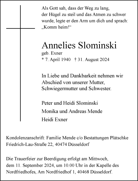 Traueranzeige von Annelies Slominski von Rheinische Post