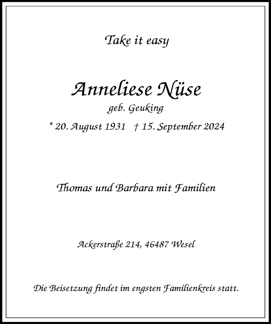 Traueranzeige von Anneliese Nüse von Rheinische Post